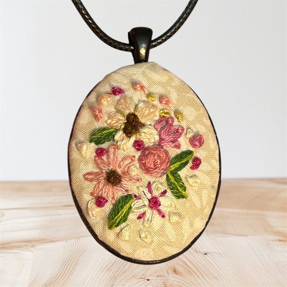 Embroidered Pink Botanical Cameo ~ Necklace with Flowers Handmade